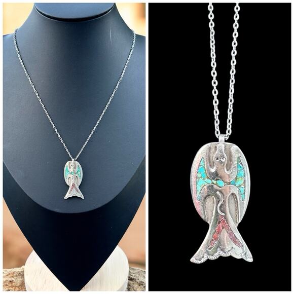 Nickel Silver Peyote Bird Pendant Necklace Turquoise Coral Inlay Southwestern - Picture 2 of 6